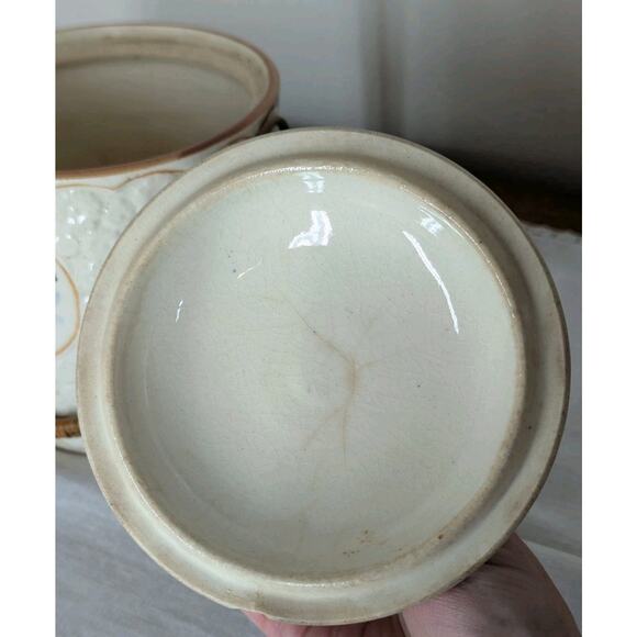 Vintage Japanese Painted Floral Embossed Biscuit Jar Ceramic Wicker Handle - Picture 10 of 12